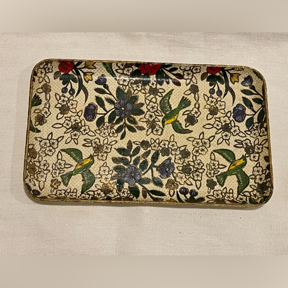 Vintage 1950’s floral with birds  Japan painted paper mache tray-Dresser jewelry